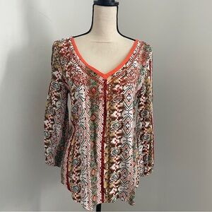 Embroidered‎ Boho Chic Blouse Large Bishop Sleeves Colorful V-Neck Cottagecore